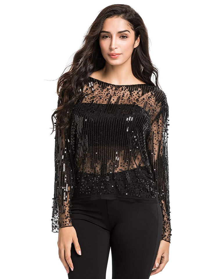 PrettyGuide Women's Sequin Blouse See Through Party Tops Beaded Sparkly Shirts