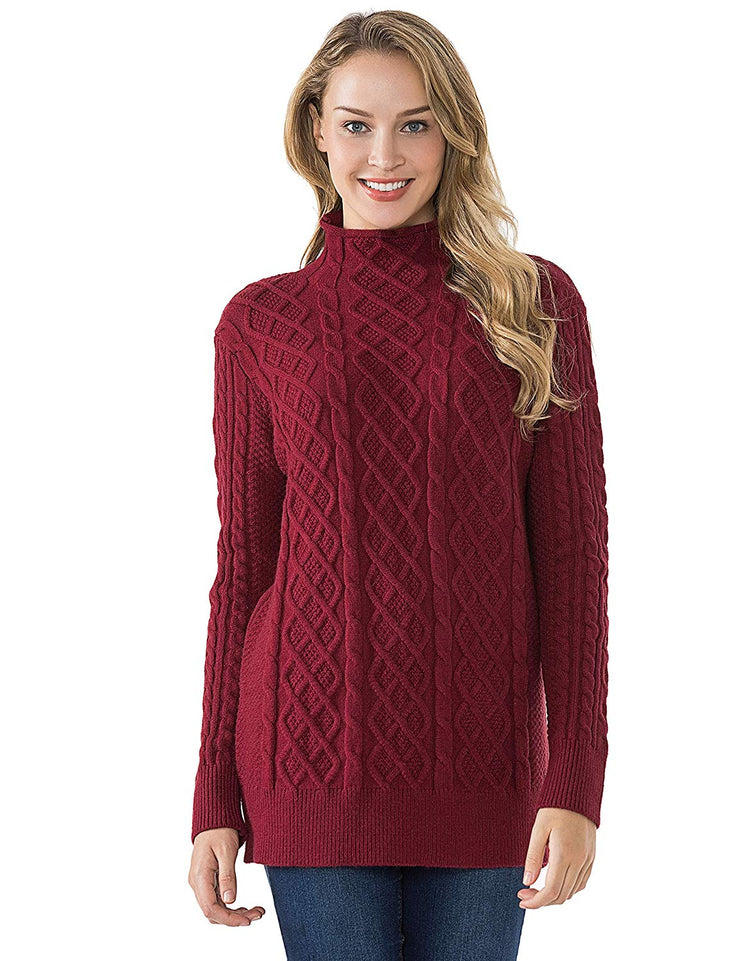 PrettyGuide Women's Tunic Sweater Cable Knit Mock Neck Pullover Long Sweater Tops