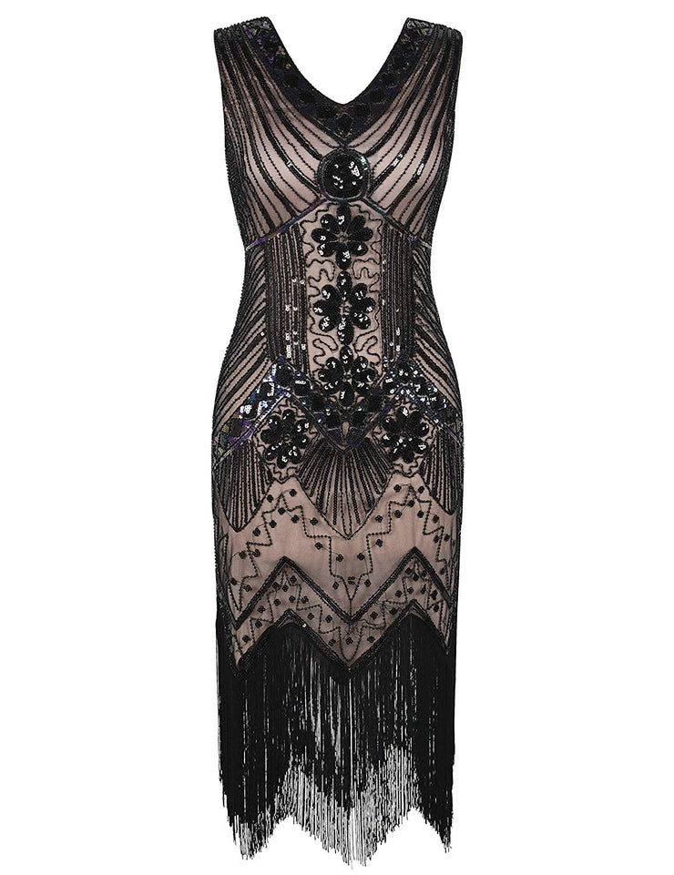 PrettyGuide Women 1920s Dress V Neck Beaded Sequin Deco Gatsby Inspired Flapper Dress
