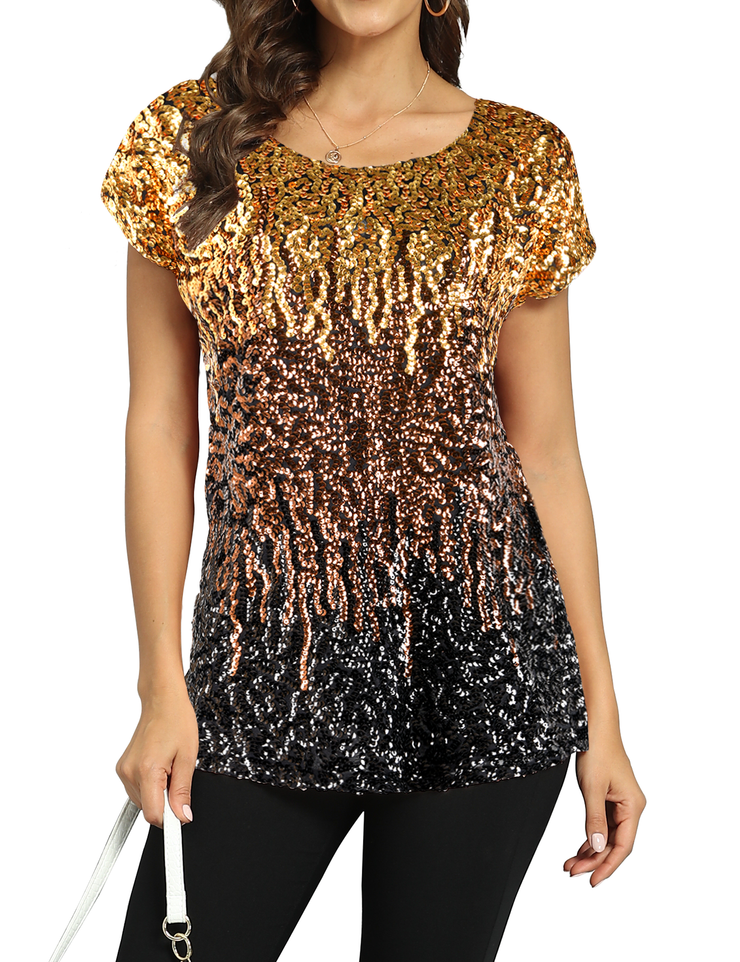 Women's Gradient Glitter Sequin Blouse Short Sleeve