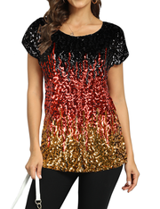Women's Gradient Glitter Sequin Blouse Short Sleeve