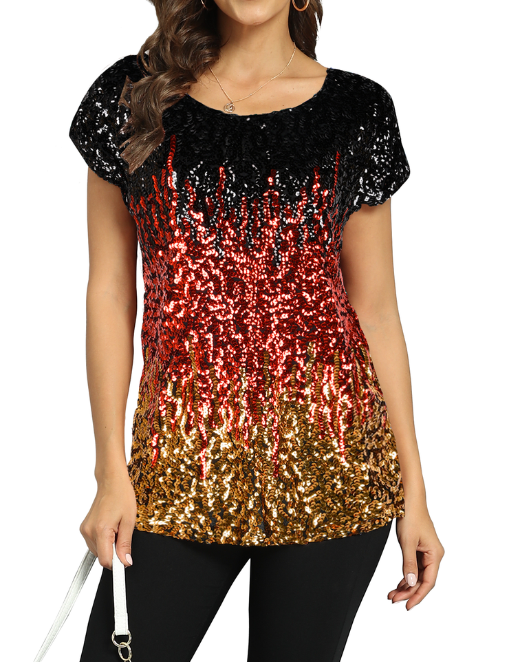 Women's Gradient Glitter Sequin Blouse Short Sleeve
