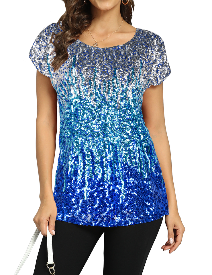 Women's Gradient Glitter Sequin Blouse Short Sleeve