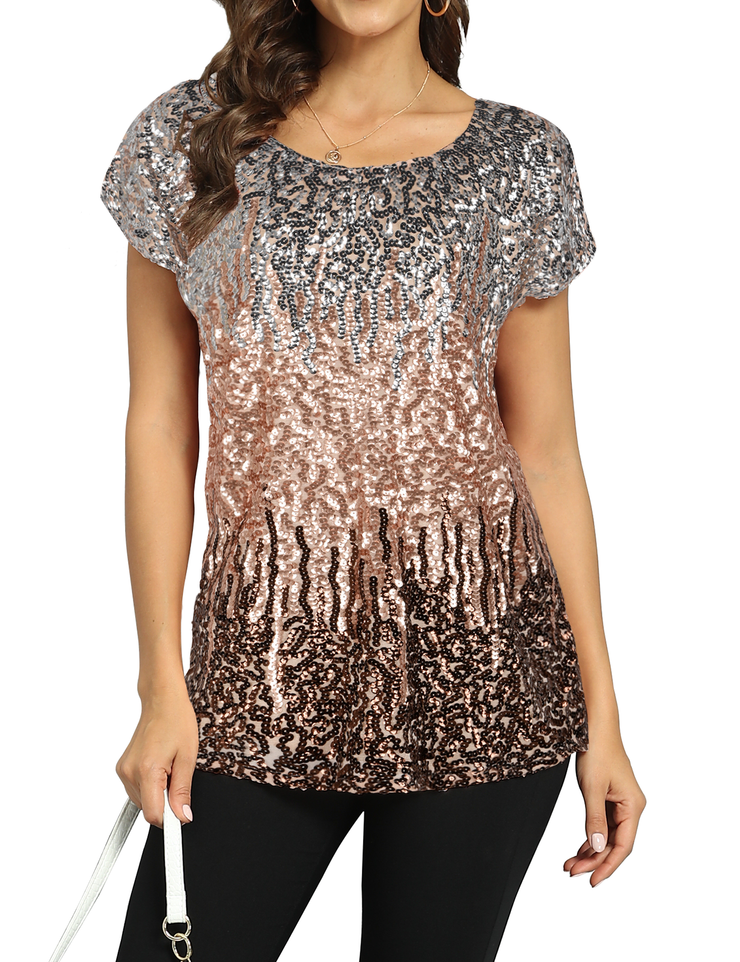 Women's Gradient Glitter Sequin Blouse Short Sleeve