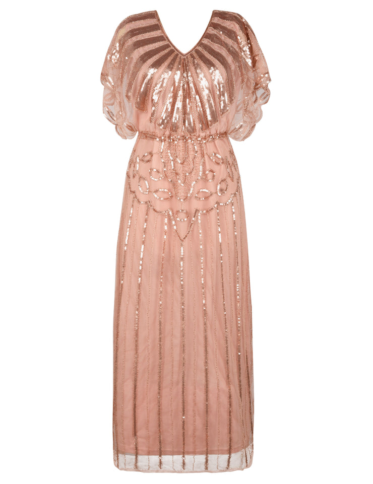 PrettyGuide Women's 1920s Flapper Dress Sequin Beaded Deco Angle Sleeve Maxi Formal Evening Dress