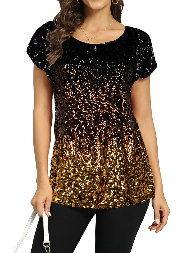 Women's Gradient Glitter Sequin Blouse Short Sleeve