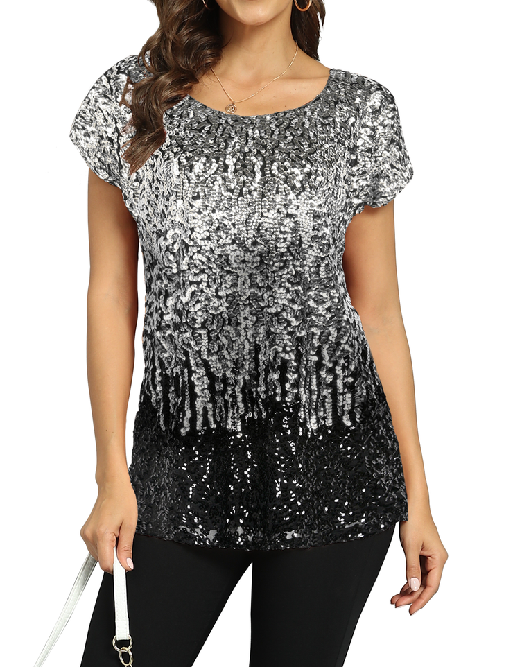 Women's Gradient Glitter Sequin Blouse Short Sleeve