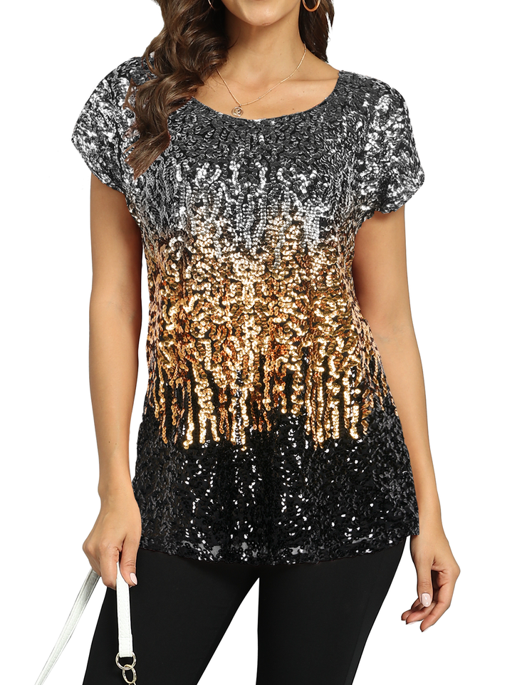 Women's Gradient Glitter Sequin Blouse Short Sleeve