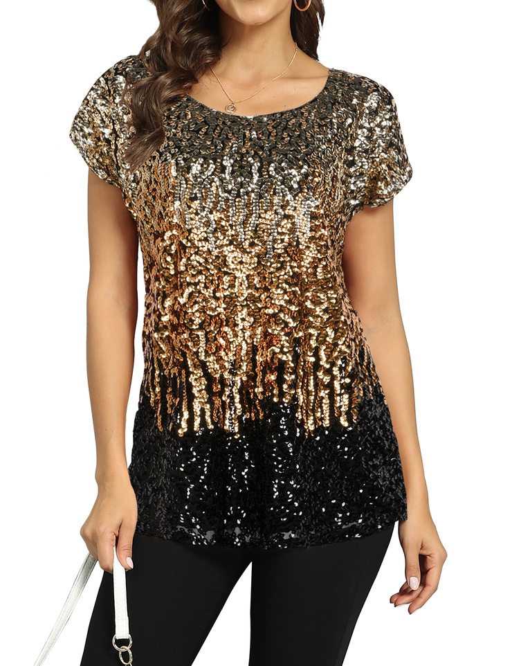 Women's Gradient Glitter Sequin Blouse Short Sleeve
