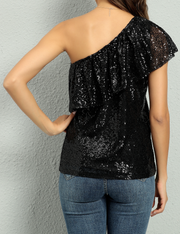 Women's One Shoulder Sequin Tops Ruffle