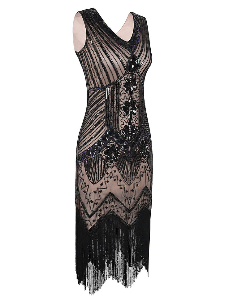 PrettyGuide Women 1920s Dress V Neck Beaded Sequin Deco Gatsby Inspired Flapper Dress