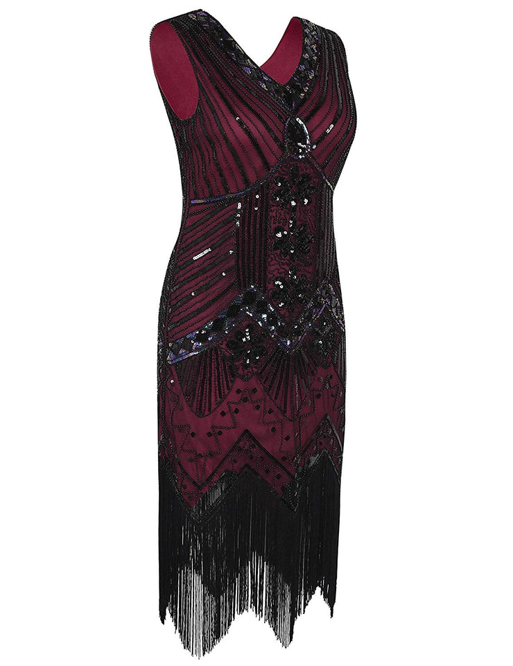 PrettyGuide Women 1920s Dress V Neck Beaded Sequin Deco Gatsby Inspired Flapper Dress