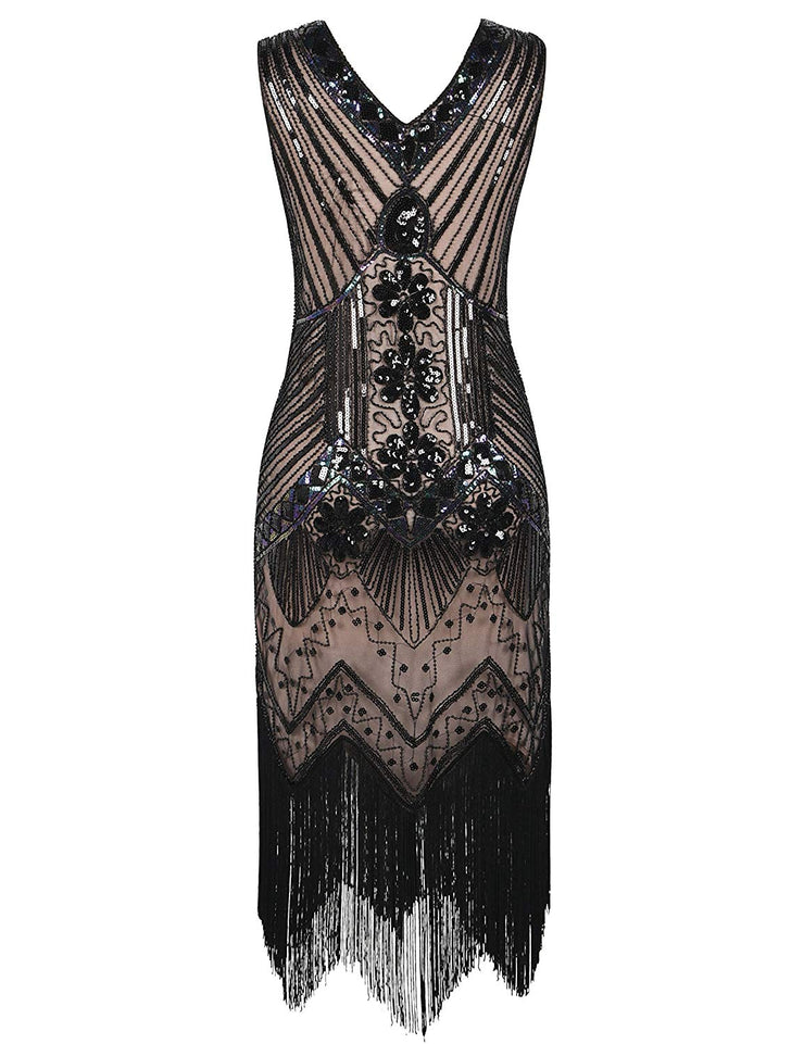 PrettyGuide Women 1920s Dress V Neck Beaded Sequin Deco Gatsby Inspired Flapper Dress