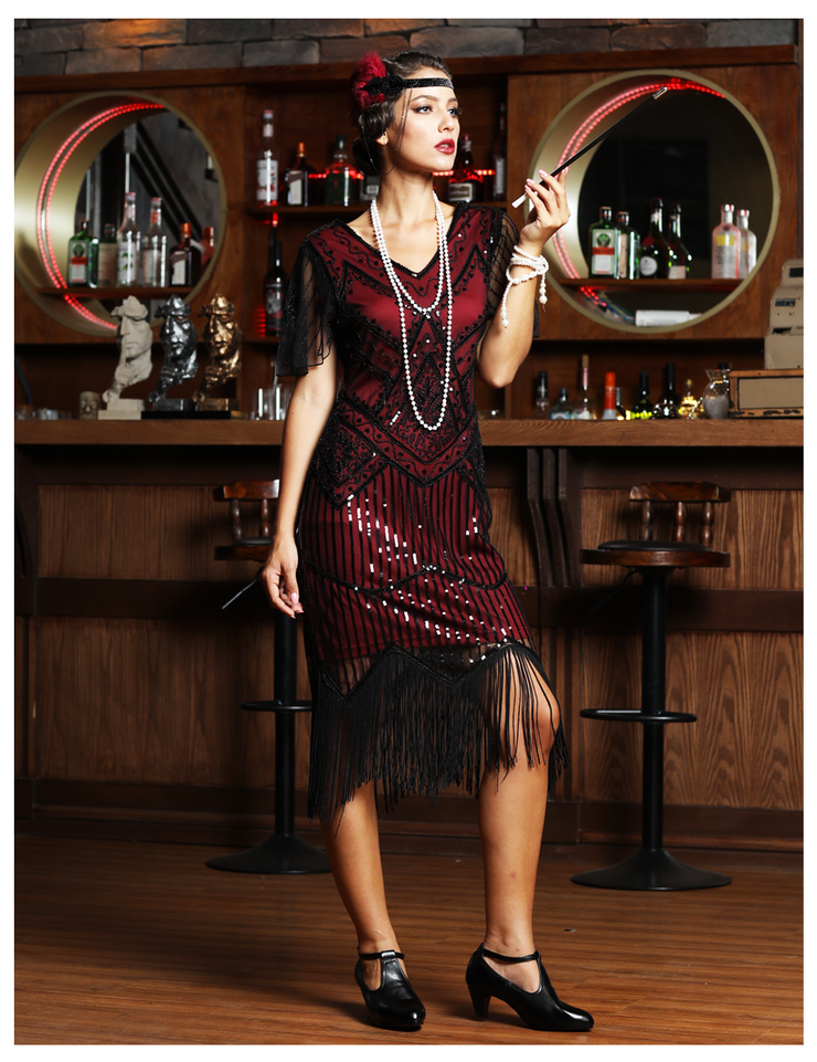 PrettyGuide Women's 1920s Flapper Dress Short Sleeve Glitter Sequin Inspired Fringed Party Cocktail Dresses