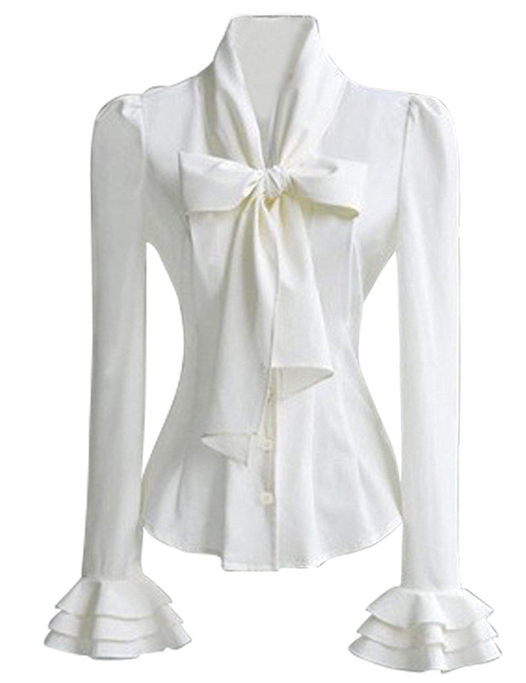 PrettyGuide Women 50's Retro Silky Bow Tie Shirts Ruffle Victoria Blouse Tops