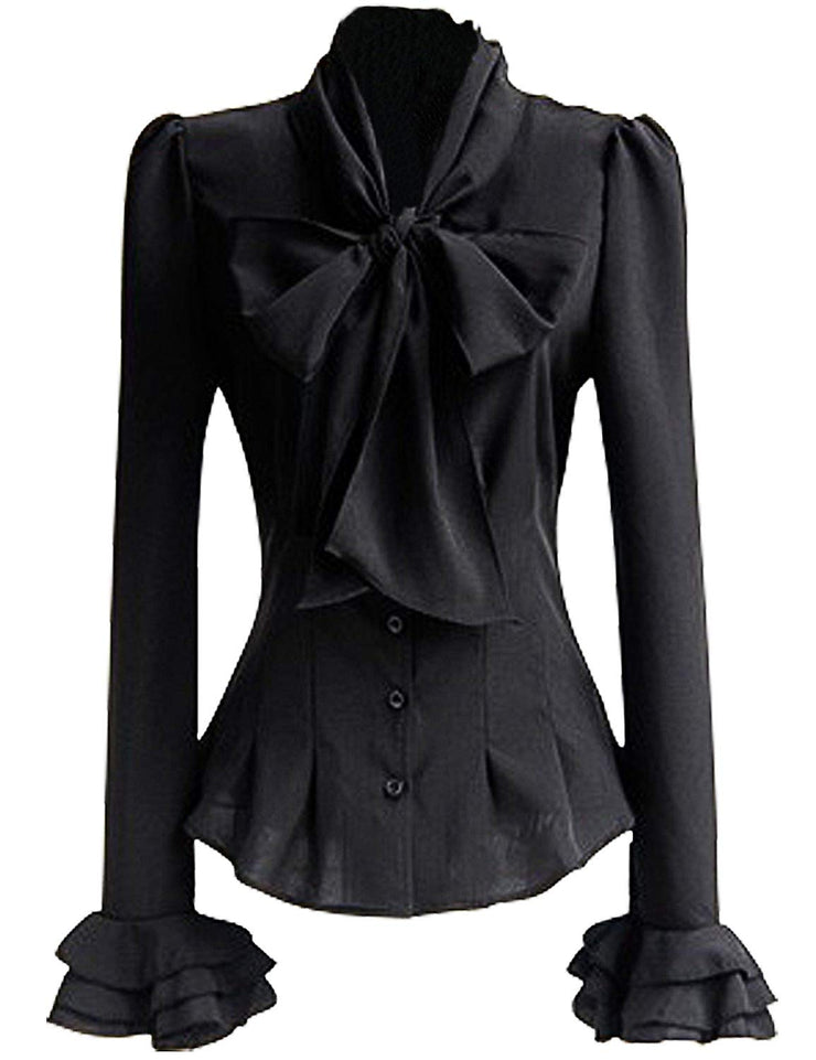PrettyGuide Women 50's Retro Silky Bow Tie Shirts Ruffle Victoria Blouse Tops