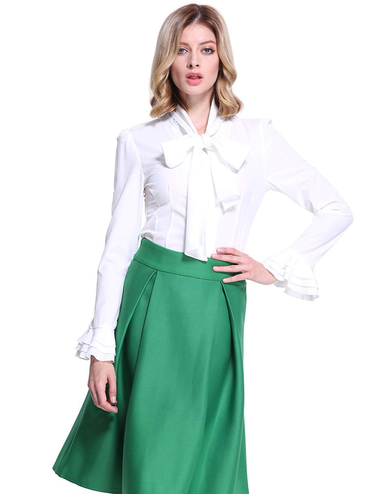 PrettyGuide Women 50's Retro Silky Bow Tie Shirts Ruffle Victoria Blouse Tops