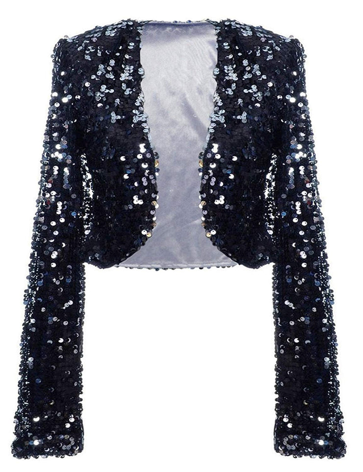 PrettyGuide Women Sequin Jacket Long Sleeve Sparkly Cropped Shrug Clubwear