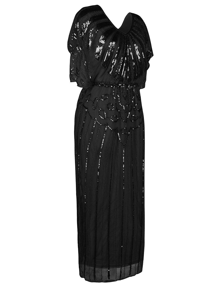 PrettyGuide Women's 1920s Flapper Dress Sequin Beaded Deco Angle Sleeve Maxi Formal Evening Dress