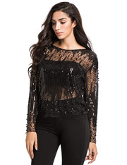 PrettyGuide Women's Sequin Blouse See Through Party Tops Beaded Sparkly Shirts