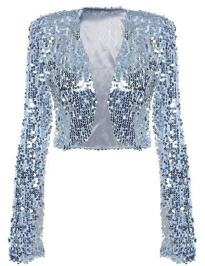 PrettyGuide Women Sequin Jacket Long Sleeve Sparkly Cropped Shrug Clubwear