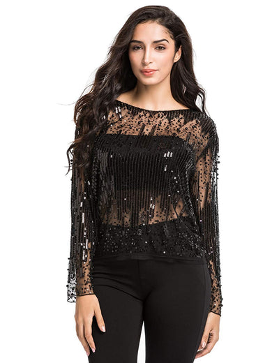 PrettyGuide Women's Sequin Blouse See Through Party Tops Beaded Sparkly Shirts
