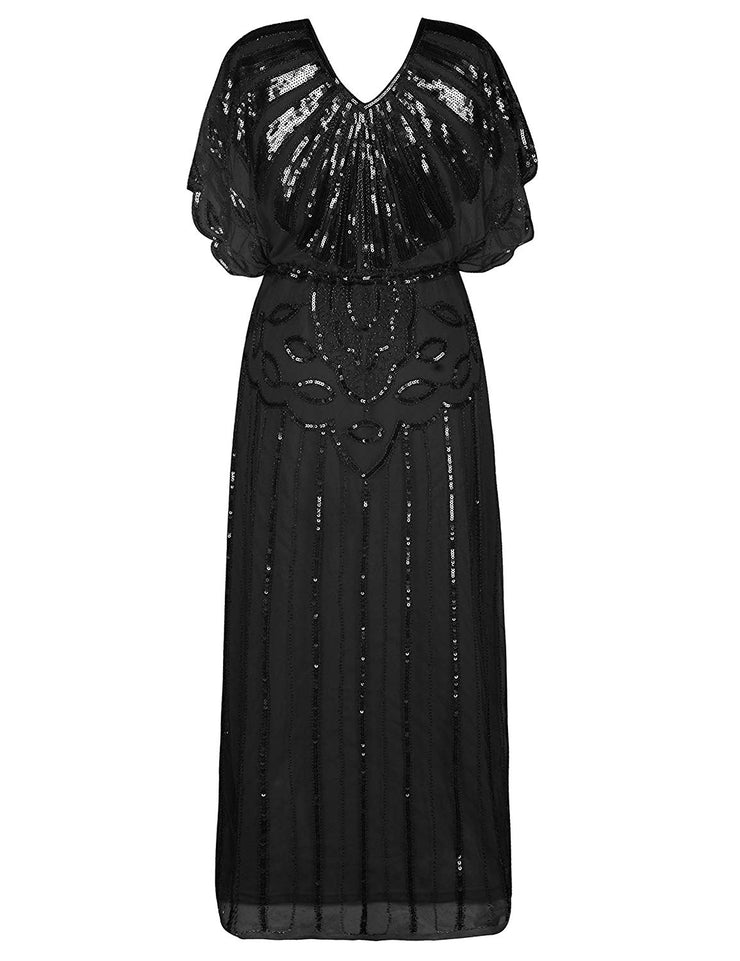 PrettyGuide Women's 1920s Flapper Dress Sequin Beaded Deco Angle Sleeve Maxi Formal Evening Dress