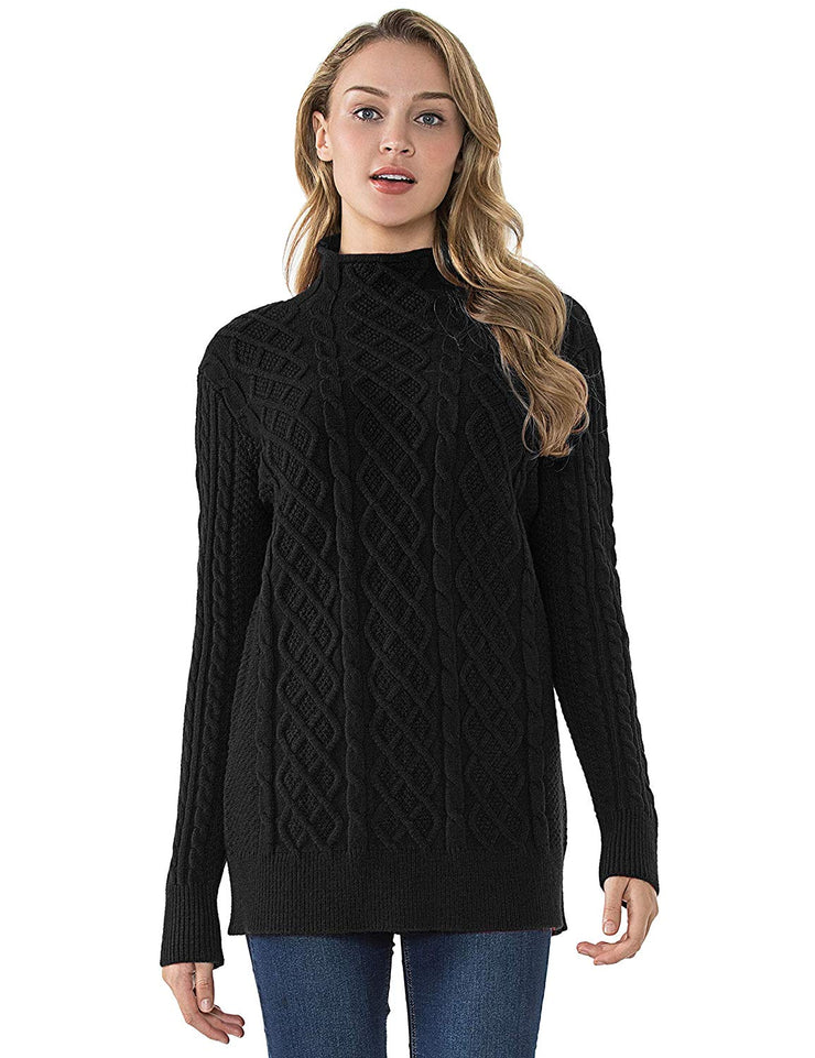 PrettyGuide Women's Tunic Sweater Cable Knit Mock Neck Pullover Long Sweater Tops