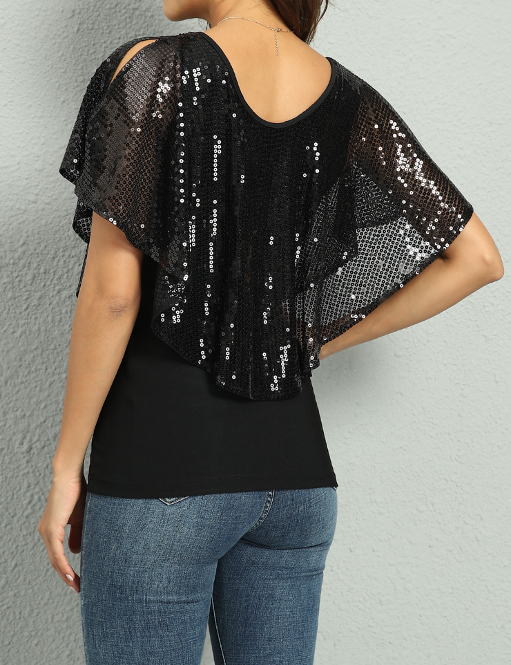 Women's Cold Shoulder Sequin Tunic Tops