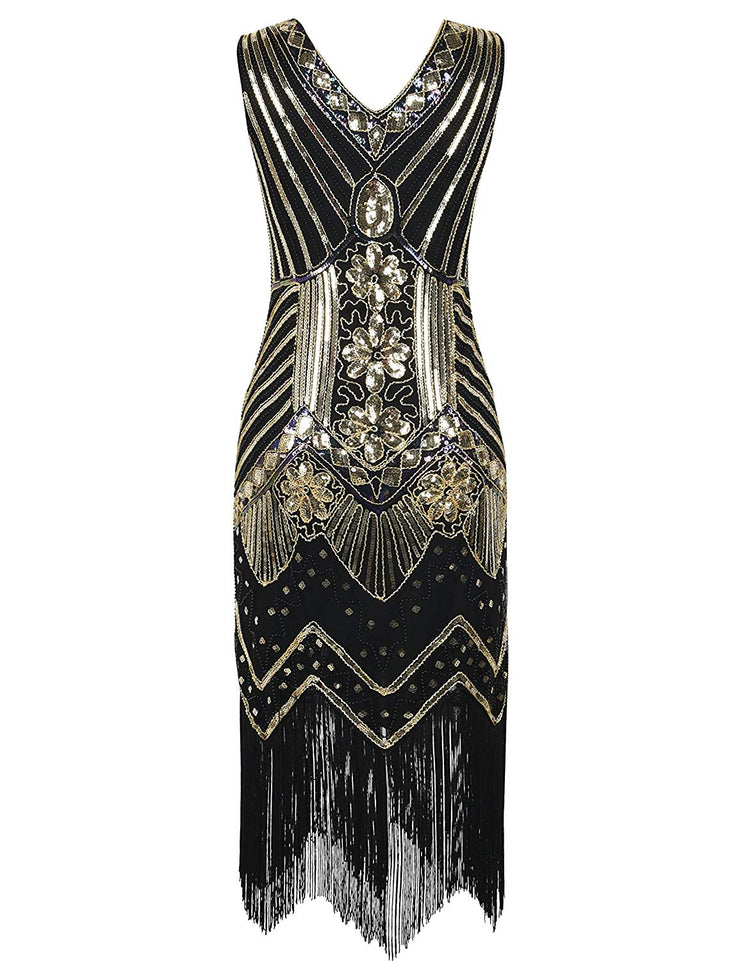 PrettyGuide Women 1920s Dress V Neck Beaded Sequin Deco Gatsby Inspired Flapper Dress
