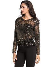 PrettyGuide Women's Sequin Blouse See Through Party Tops Beaded Sparkly Shirts