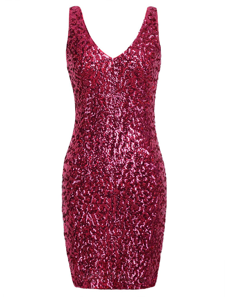 Women's Sexy Deep V Neck Sequin Mini Dress