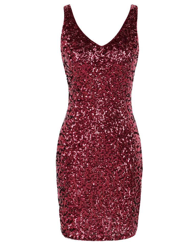 Women's Sexy Deep V Neck Sequin Mini Dress