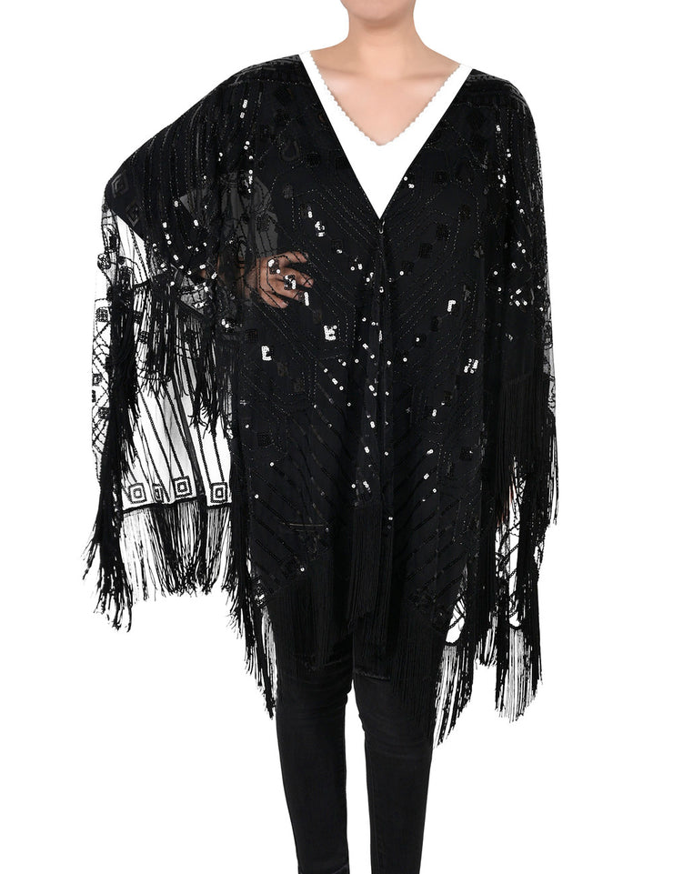 PrettyGuide Women's Evening Shawl Beaded 1920s Cape Poncho Fringed Cover up