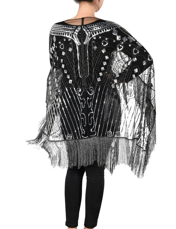 PrettyGuide Women's Evening Shawl Beaded 1920s Cape Poncho Fringed Cover up