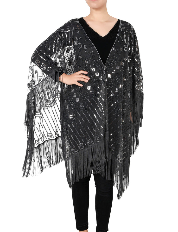 PrettyGuide Women's Evening Shawl Beaded 1920s Cape Poncho Fringed Cover up