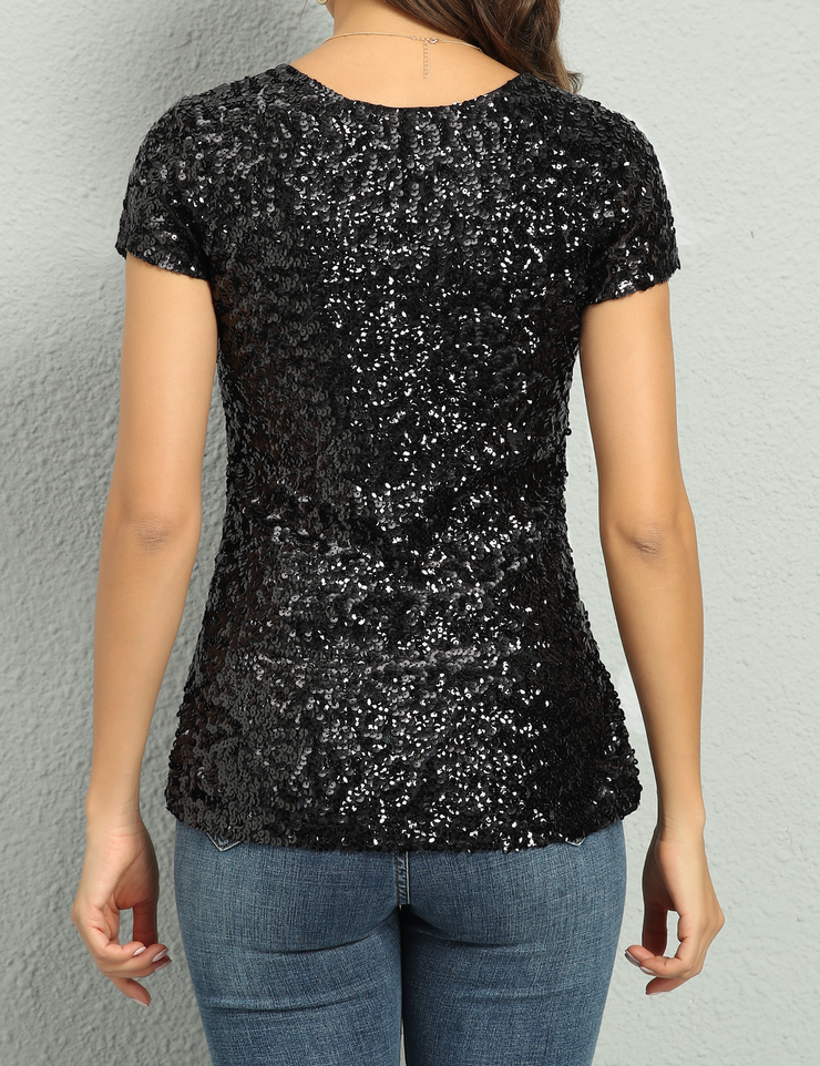 Women's Short Sleeve Sequin Blouse Tops Cocktail