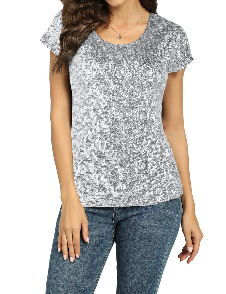 Women's Short Sleeve Sequin Blouse Tops Cocktail